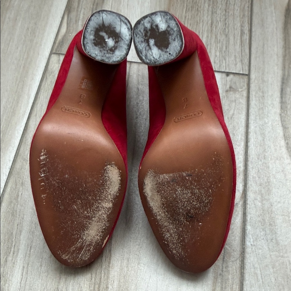 Coach Red Suede Round-Toe Block Heel Pumps - Picture 5 of 5
